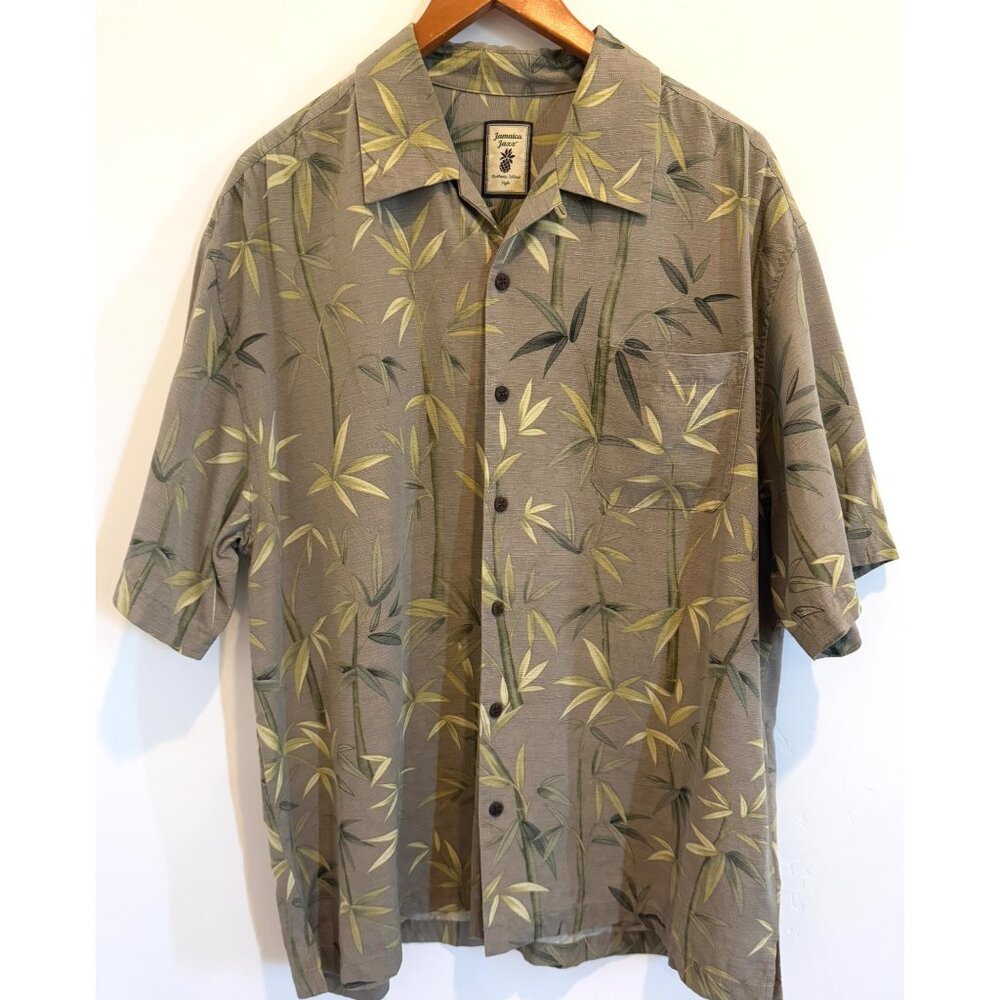 Jamaica Jaxx‎ Mens XL Island Style Tan & Green Bamboo Print Hawaiian Shirt Silk